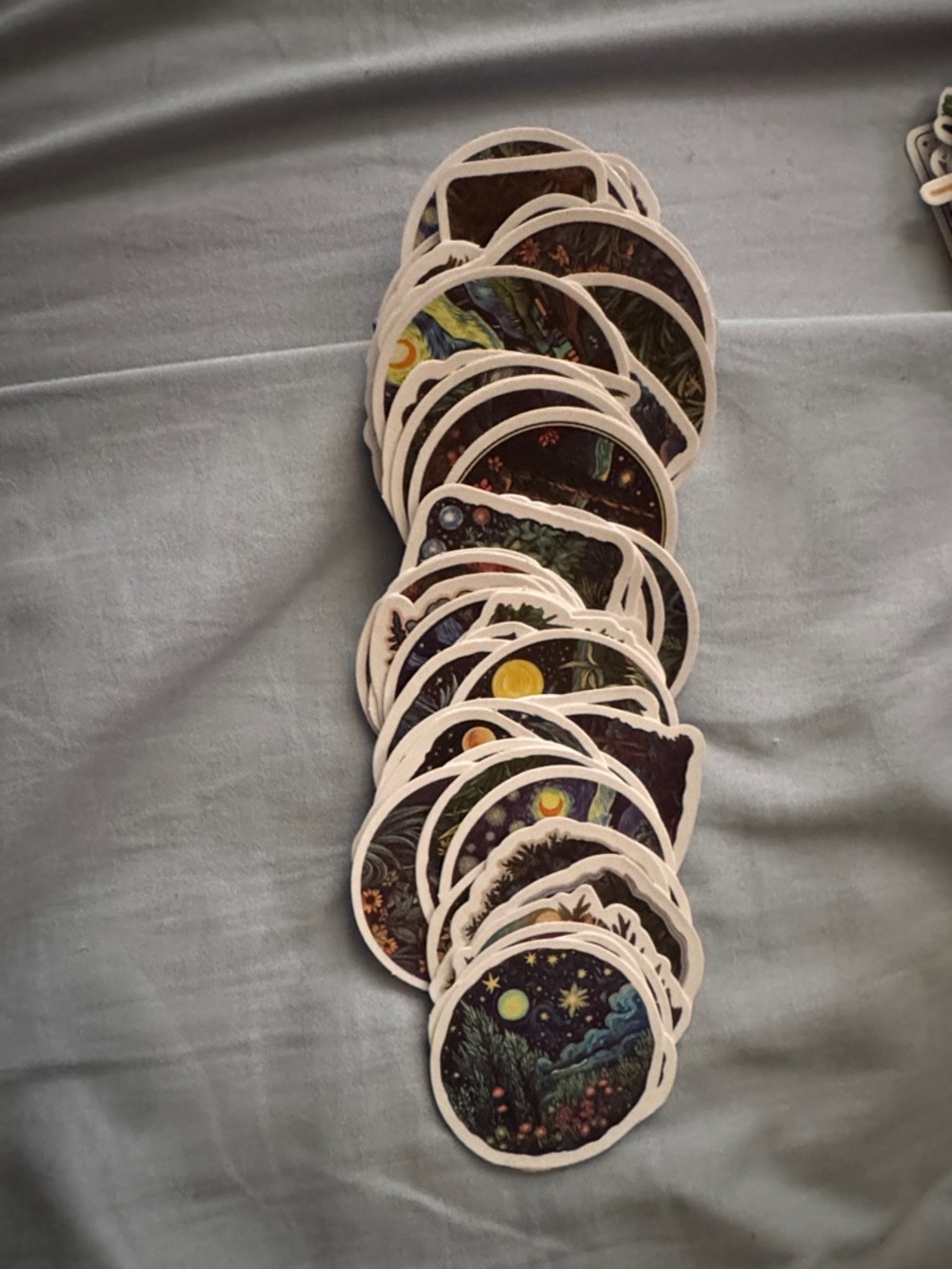 Stack of Round Illustrated Stickers - Celestial Forest Artwork